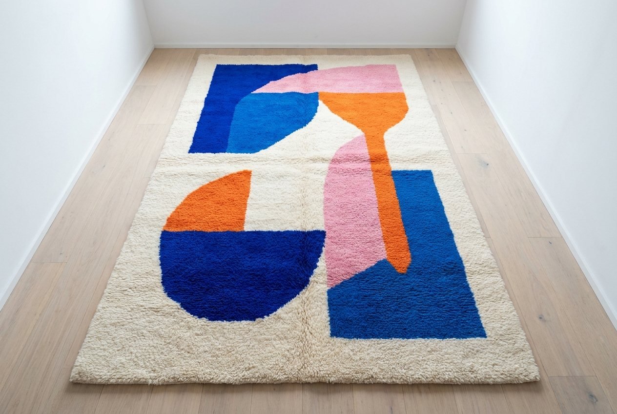 A cream rug with large blue, orange and pink shapes on a pale wood floor