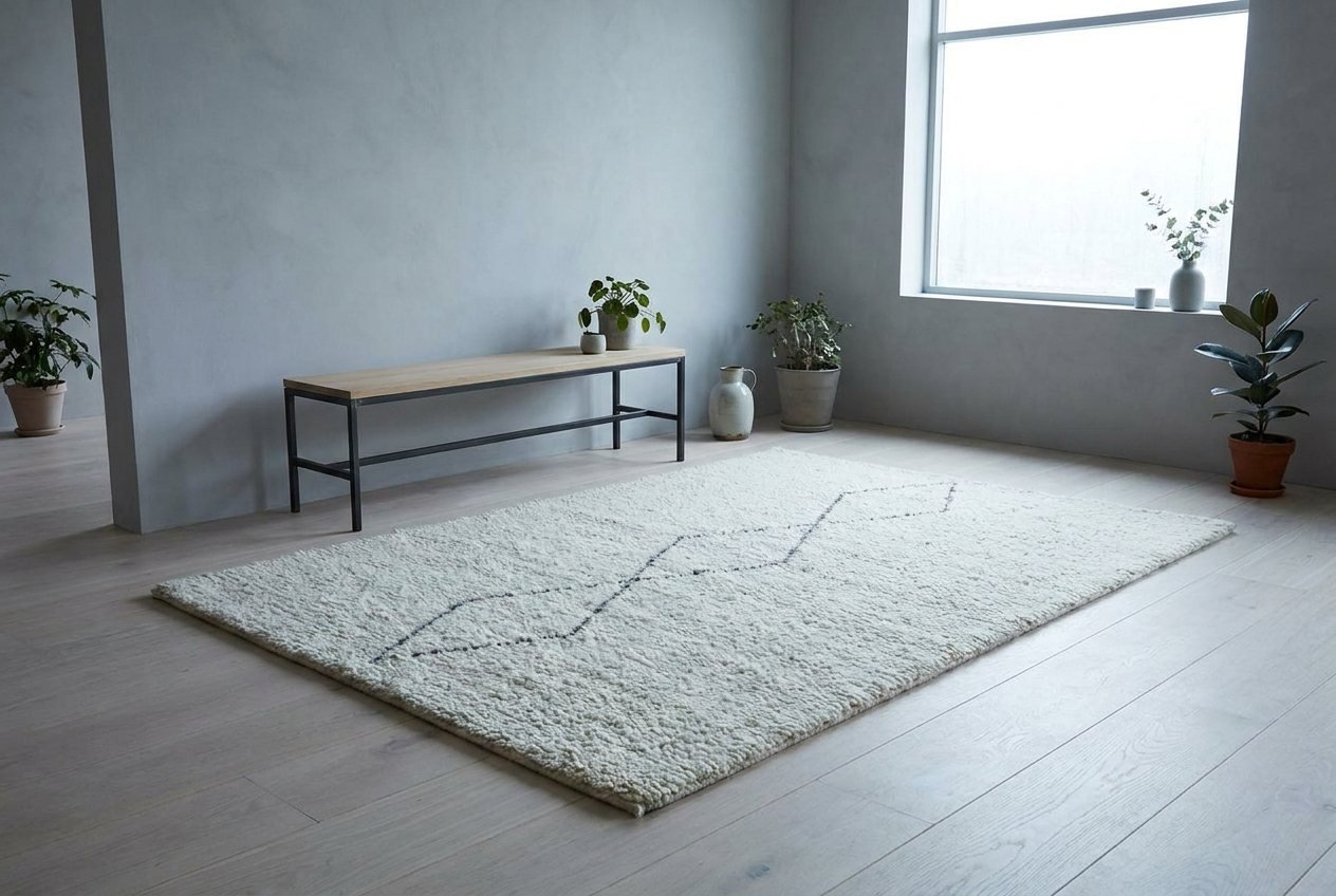 A cream rug with sparse charcoal line lozenges in a quiet grey room