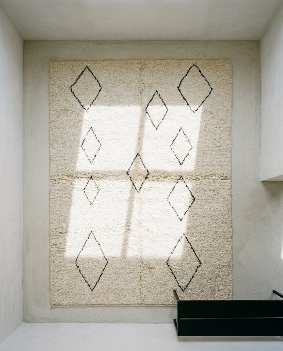 A cream rug with thin charcoal diamond lines in a bare concrete room, crossed by window light