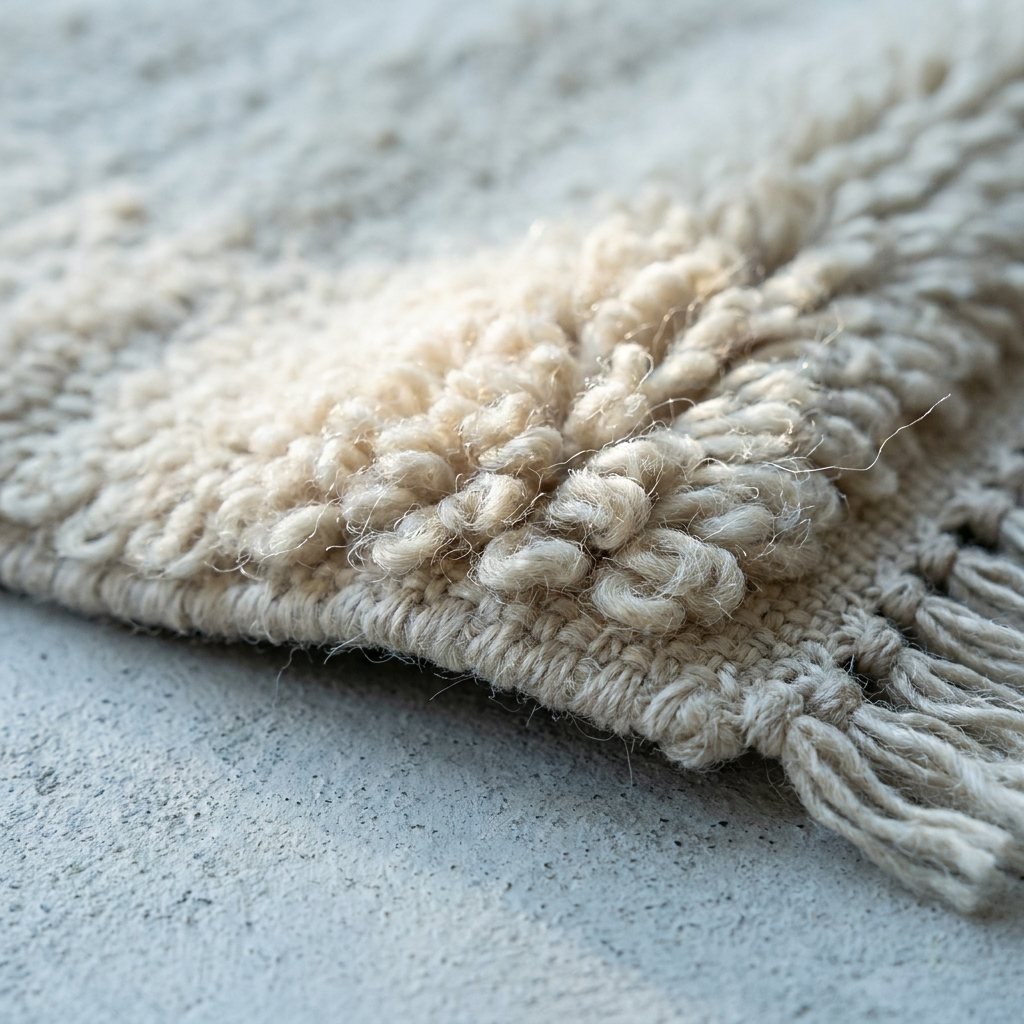 Close view of a cream rug edge on a concrete floor